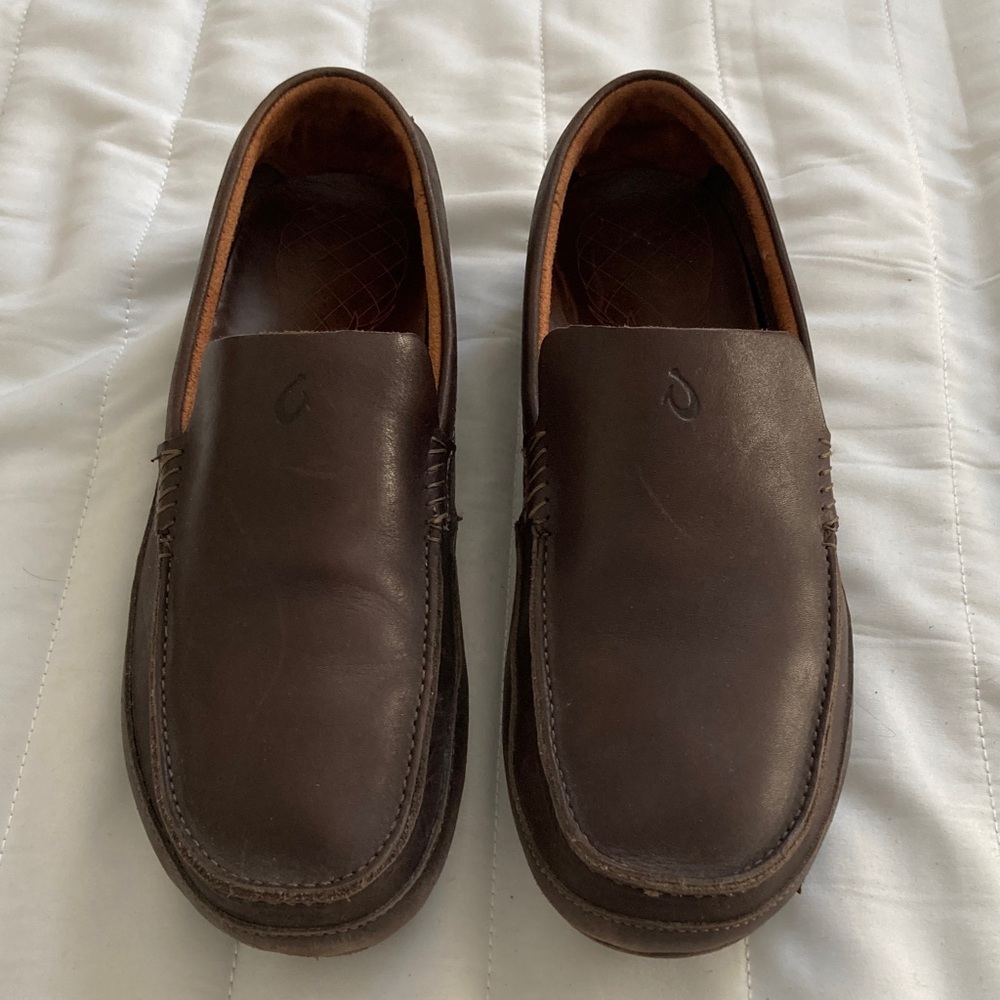 OluKai Dark Brown Leather Slip-On Loafers